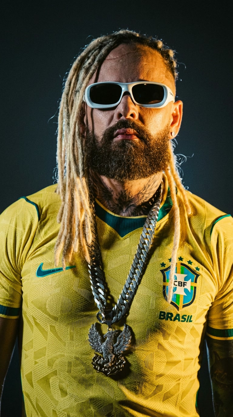 Close de Look Tribo com camisa amarela e corrente